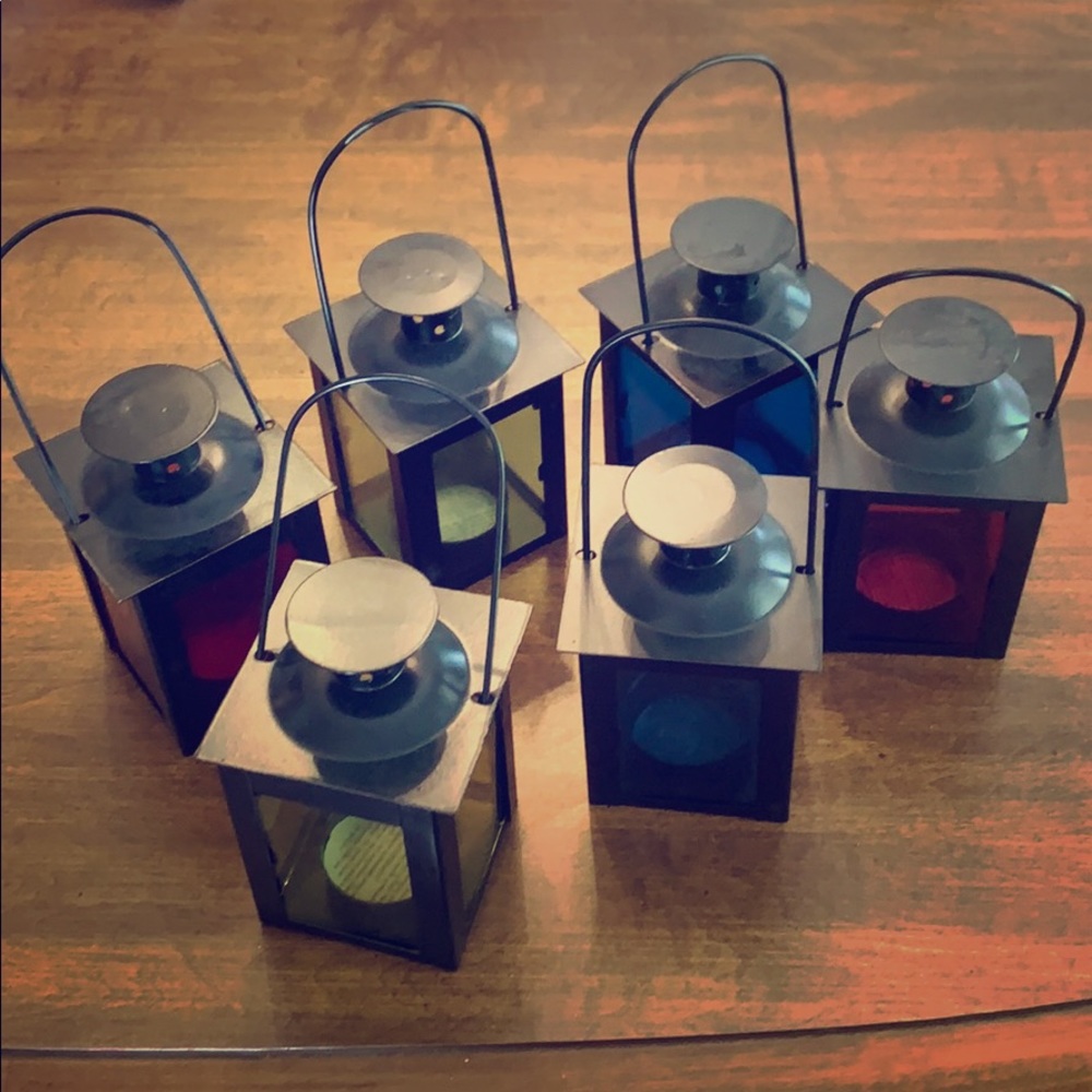 6 Tea Light Lanterns. 2 blue, 2 yellow, and 2 red